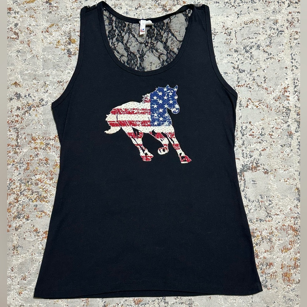 Liberty Wear horse rhinestone patriotic tank top Black Lace-back size 3X